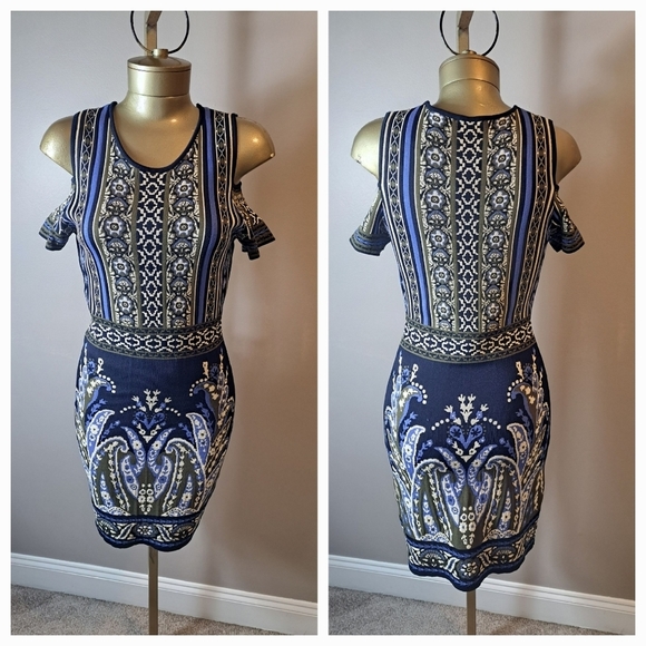 Chelsea & Violet Black, Blue & Olive Print Stretch Knit Dress With Open Shoulder - Picture 1 of 10